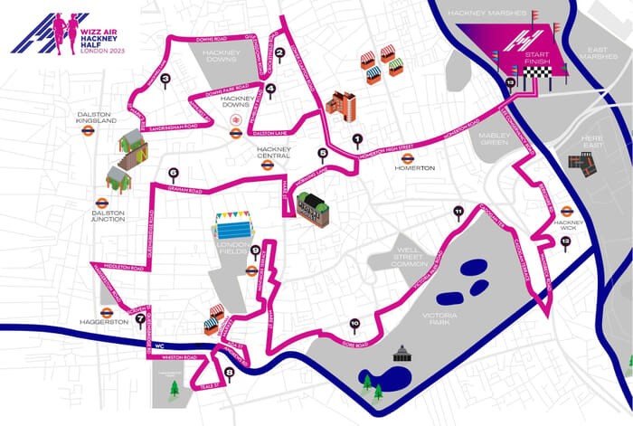 Route map for Hackney Half Marathon