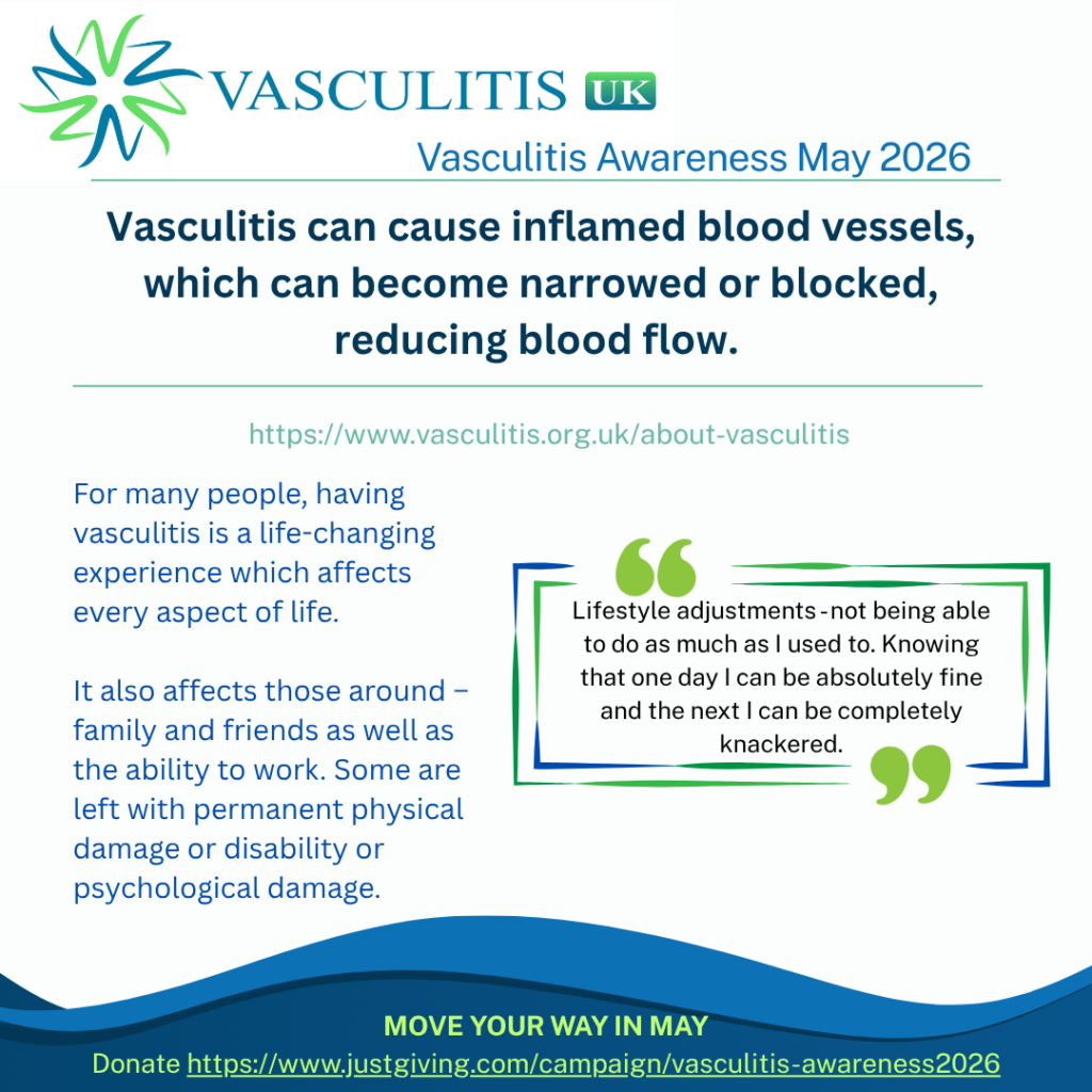 For many people, having vasculitis is a life-changing experience which affects every aspect of life. It also affects those around – family and friends as well as the ability to work. Some are left with permanent physical damage or disability or psychological damage.	