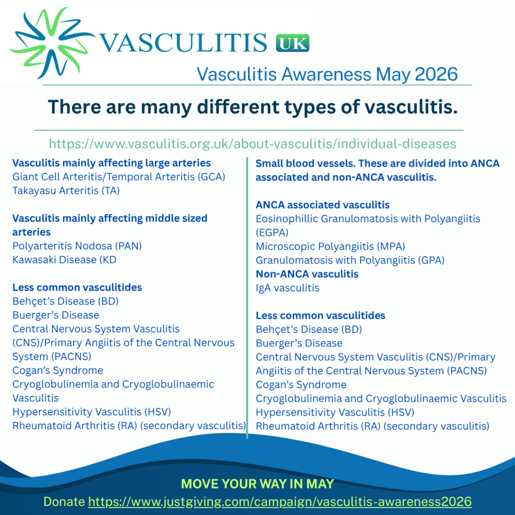 Vasculitis mainly affecting large arteries:
•	Giant Cell Arteritis/Temporal Arteritis (GCA)
•	Takayasu Arteritis (TA)
•	Vasculitis mainly affecting middle sized arteries
•	Polyarteritis Nodosa (PAN)
•	Kawasaki Disease (KD

Diseases affecting the small blood vessels, these are divided into ANCA associated vasculitis and non-ANCA vasculitis.
ANCA associated vasculitis:
•	Eosinophillic Granulomatosis with Polyangiitis (EGPA)
•	Microscopic Polyangiitis (MPA)
•	Granulomatosis with Polyangiitis (GPA)
Non-ANCA vasculitis:
•	IgA vasculitis

Less common vasculitides:
•	Behçet’s Disease (BD)
•	Buerger’s Disease
•	Central Nervous System Vasculitis (CNS)/Primary Angiitis of the Central Nervous System (PACNS)
•	Cogan’s Syndrome
•	Cryoglobulinemia and Cryoglobulinaemic Vasculitis
•	Hypersensitivity Vasculitis (HSV)
•	Rheumatoid Arthritis (RA) (secondary vasculitis)
