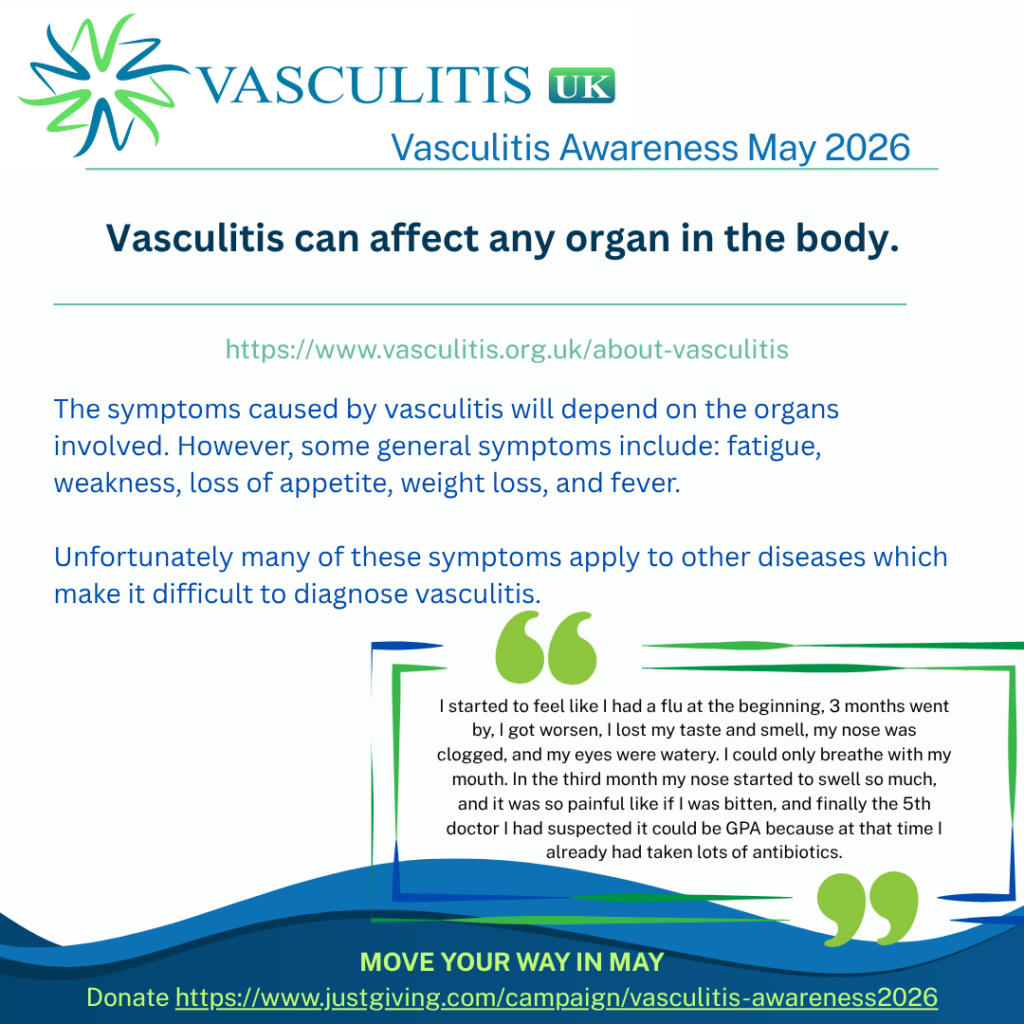The symptoms caused by vasculitis will depend on the organs involved. However, some general symptoms include: fatigue, weakness, loss of appetite, weight loss, and fever. Unfortunately many of these symptoms apply to other diseases which make it difficult to diagnose vasculitis.