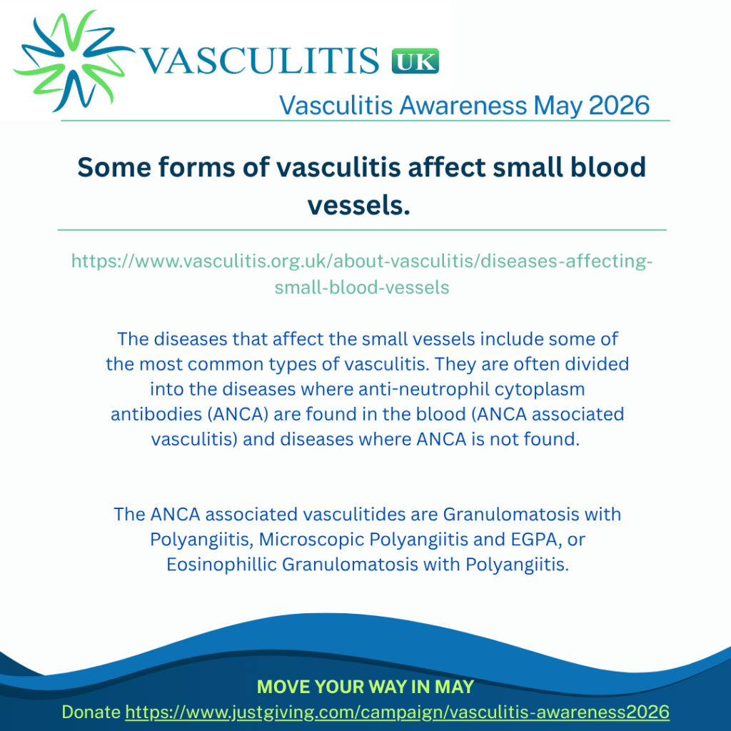 The diseases that affect the small vessels include some of the most common types of vasculitis. They are often divided into the diseases where anti-neutrophil cytoplasm antibodies (ANCA) are found in the blood (ANCA associated vasculitis) and diseases where ANCA is not found. The ANCA associated vasculitides are Granulomatosis with Polyangiitis, Microscopic Polyangiitis and EGPA, or Eosinophillic Granulomatosis with Polyangiitis.
